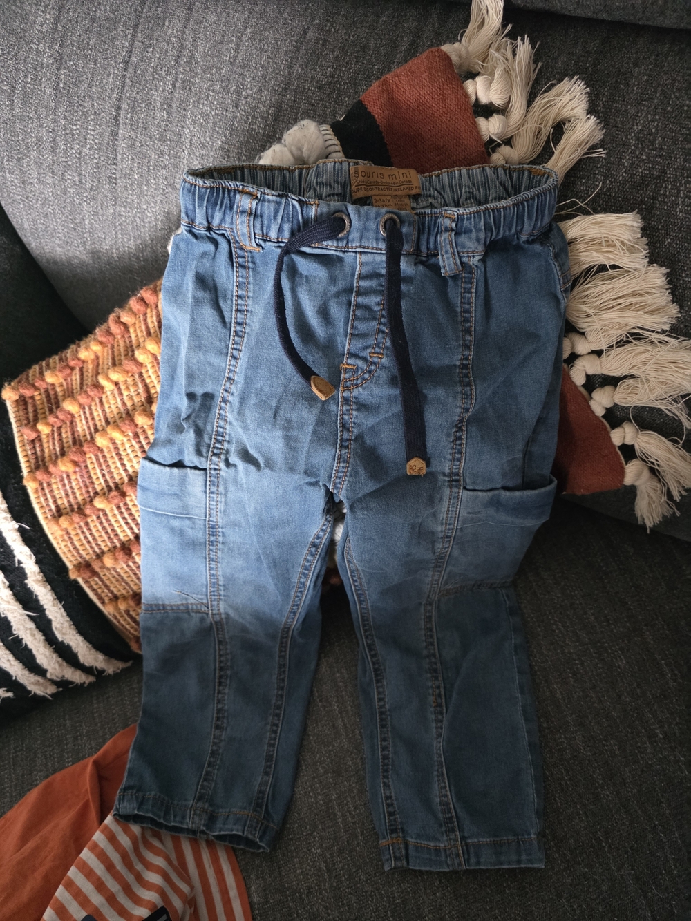 Relaxed Drawstring Men's Denim Jeans - Blue